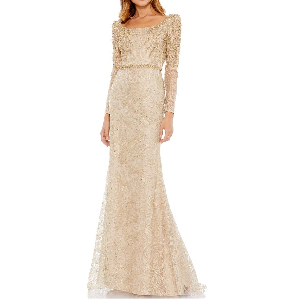 ✨ NWT Mac Duggal Light Gold Embroidered Trumpet Gown – Size 6 – $698